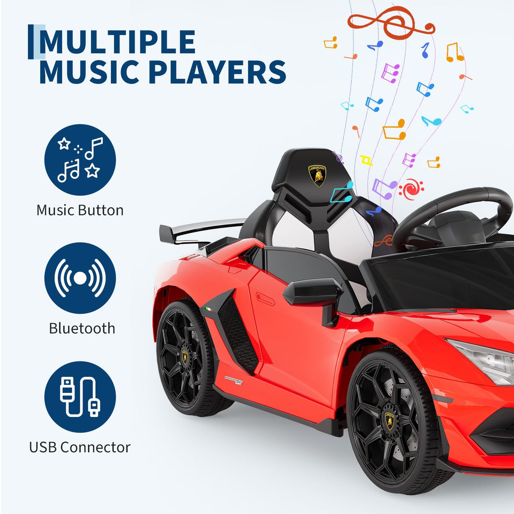 Garvee Ride P Series 12V Electric Ride-On Car for Kids | Licensed Lamborghini Battery-Powered Sports Car with Remote Control, 2 Speeds, Sound System, LED Headlights, Hydraulic Doors - Red
