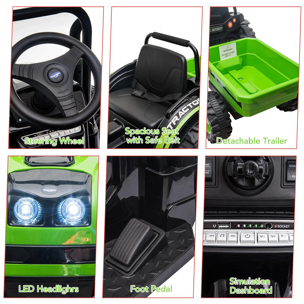 Garvee Ride - P Series: 12V Electric Ride-On Tractor for Kids with Trailer, Remote Control, Music, LED Lights, and Rear Wheel Suspension - Battery Powered Toy Vehicle - Green