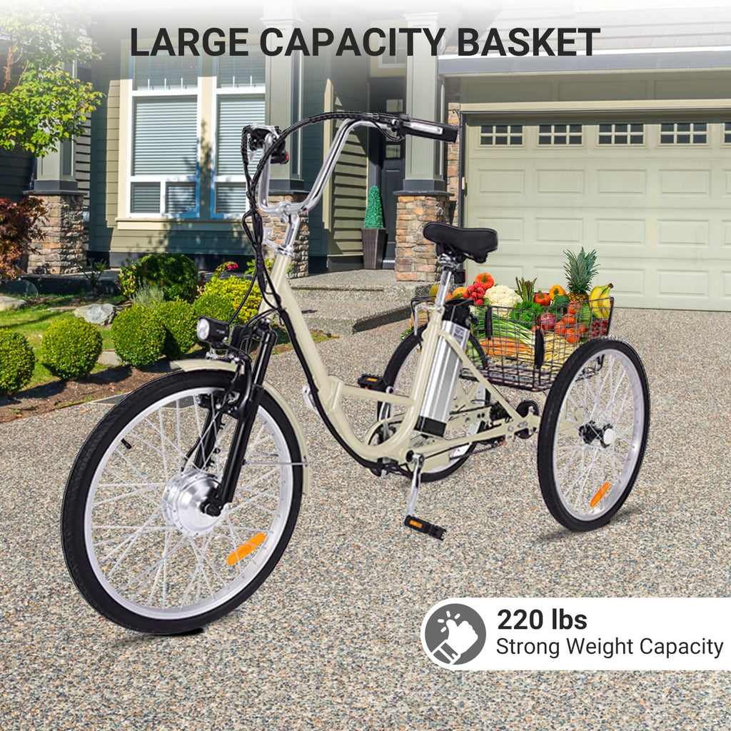 Garvee 26 Inch Adult Electric Tricycle Folding 7-Speed Electric Tricycle with Basket, 36V Detachable Battery, 250W Brushless Motor Suitable for Men and Women, Beige
