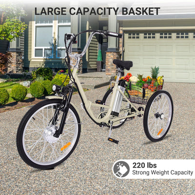 Garvee 24 Inch Adult 3 Wheel Electric Tricycle with Basket, Fat Tires,7 Speeds,350W Powerful Motor, 36V 10Ah Removable Battery - Beige