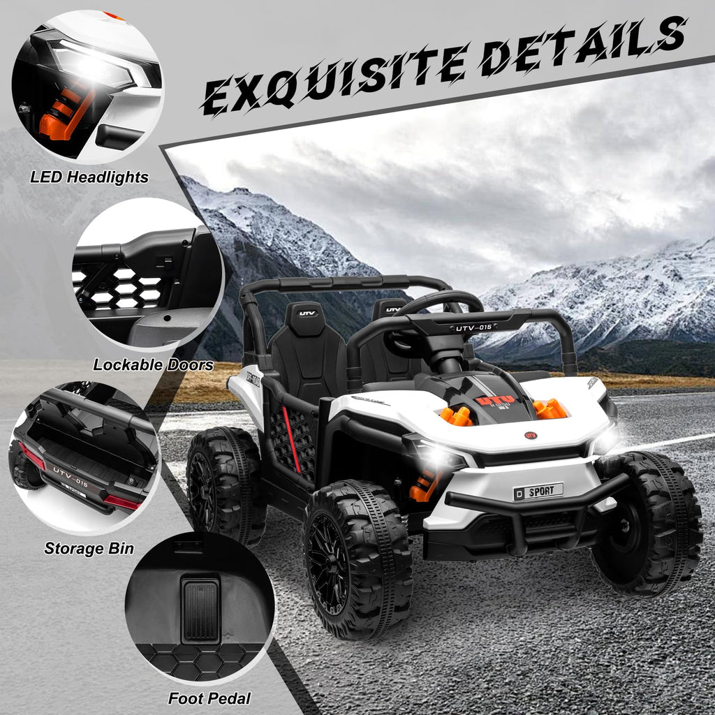 Garvee Ride - P Series: 12V Electric UTV Car with Remote Control, Ride on Truck with Toy Storage, Spring Suspension, LED Headlights, Ride Cars w/4 Wheels, Ride on Toys for Boys Girls, White