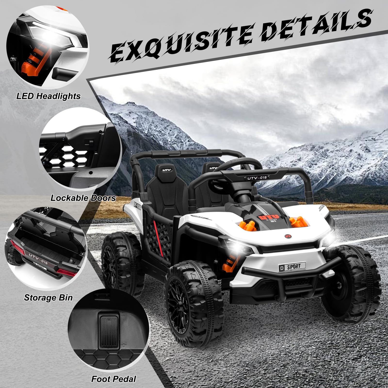 Garvee Ride - P Series: 12V Electric UTV Car with Remote Control, Ride on Truck with Toy Storage, Spring Suspension, LED Headlights, Ride Cars w/4 Wheels, Ride on Toys for Boys Girls, White