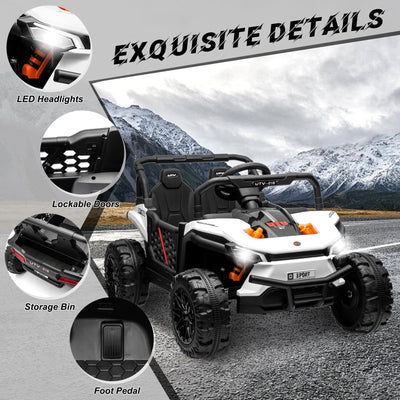 Garvee Ride - P Series: 12V Electric UTV Car with Remote Control, Ride on Truck with Toy Storage, Spring Suspension, LED Headlights, Ride Cars w/4 Wheels, Ride on Toys for Boys Girls, White