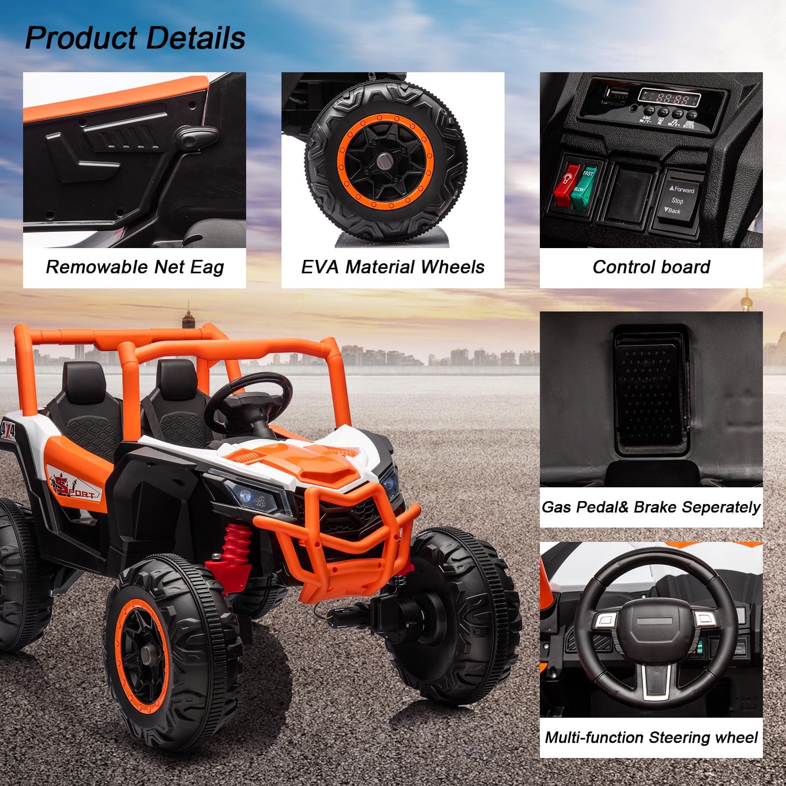 Garvee Ride - P Series: 2 Seater Ride on Car,12V Battery Powered Off-Road UTV Toy,Electric Car with Remote Control,Metal Frame,EVA Wheels,LED,Spring Suspension for 3-8 Boys&Girls - Orange