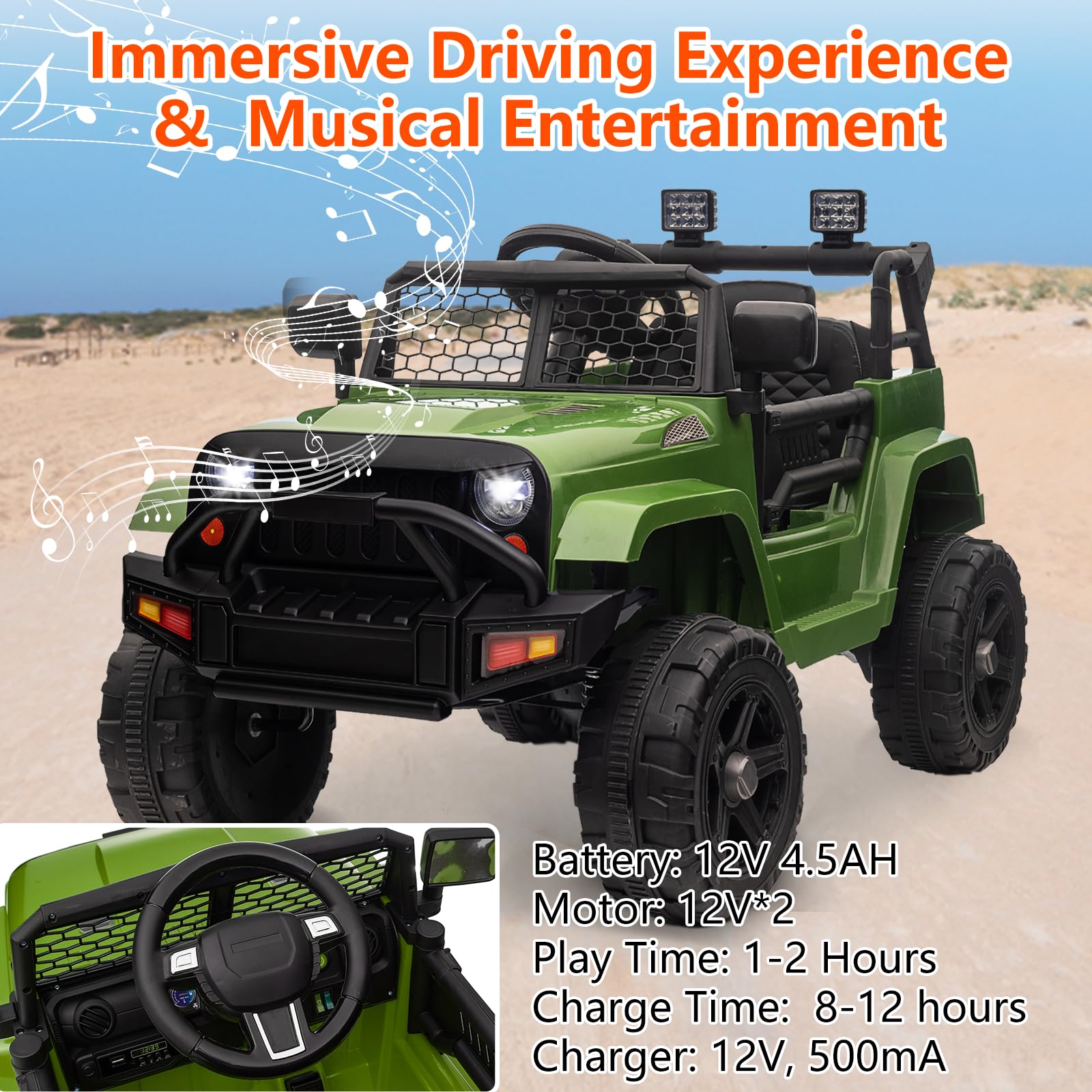 Garvee Ride - P Series: 12V Ride On Truck Car for kid : Remote Control, 3 Speeds, MP3 Music, Suspension, LED Lights,for 3+ Year Old - Green