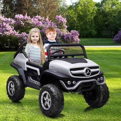 Garvee Ride - P Series: 2 Seater Kids Ride On Truck 24V Ride On Toy Licensed Mercedes Benz Battery Powered Electric Vehicle for Toddles With Remote Control, Battery Display, Trunk, Spring Suspension, LED Lights, Music, White
