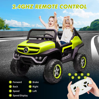 Garvee Ride - P Series: 2 Seater Kids Ride On Truck 24V Ride On Toy Licensed Mercedes Benz Battery Powered Electric Vehicle for Toddles With Remote Control, Battery Display, Trunk, Spring Suspension, Led Lights, Music, Green