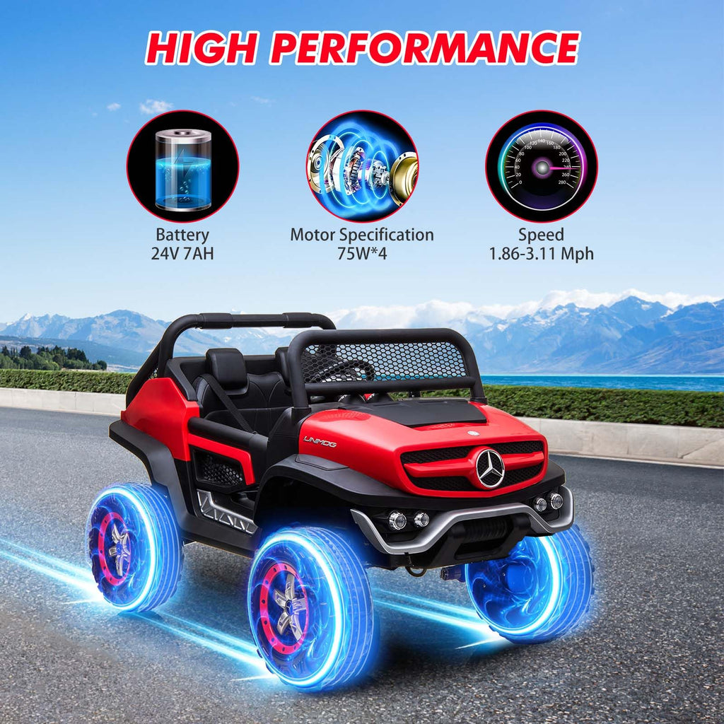 Garvee Ride - P Series: 2 Seater Kids Ride On Truck 24V Ride On Toy Licensed Mercedes Benz Battery Powered Electric Vehicle for Toddles with Remote Control, Battery Display, Trunk, Spring Suspension, LED Lights, Music, Red