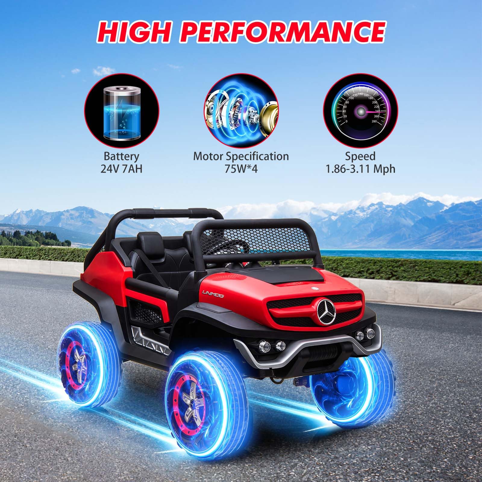 Garvee Ride - P Series: 2 Seater Kids Ride On Truck 24V Ride On Toy Licensed Mercedes Benz Battery Powered Electric Vehicle for Toddles with Remote Control, Battery Display, Trunk, Spring Suspension, LED Lights, Music, Red