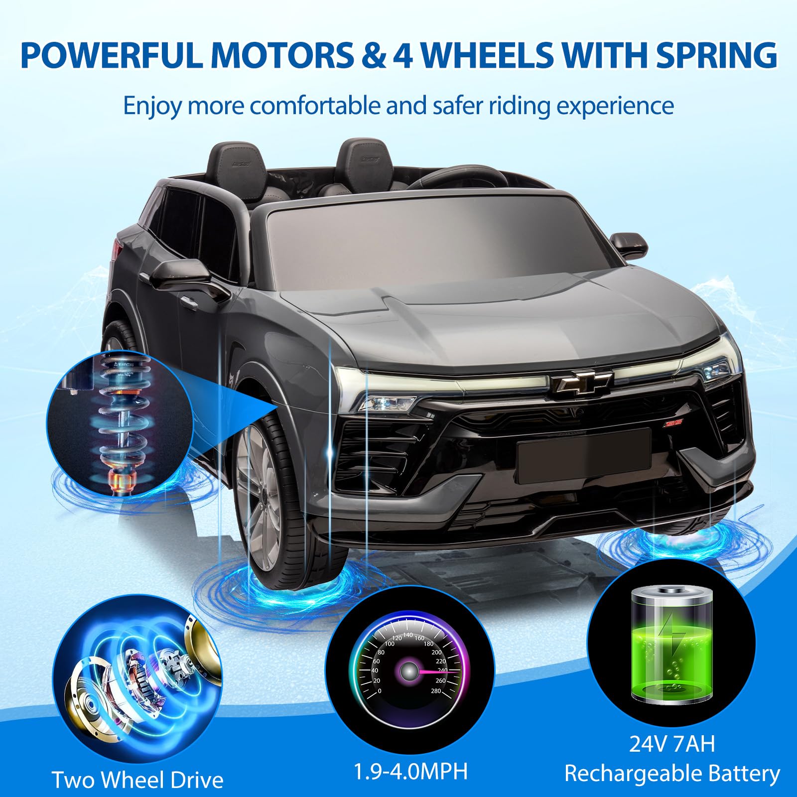 Garvee Ride - P Series: 24V 2-Seater Chevrolet Blazer Kids Car with Remote Control, Bluetooth - Grey