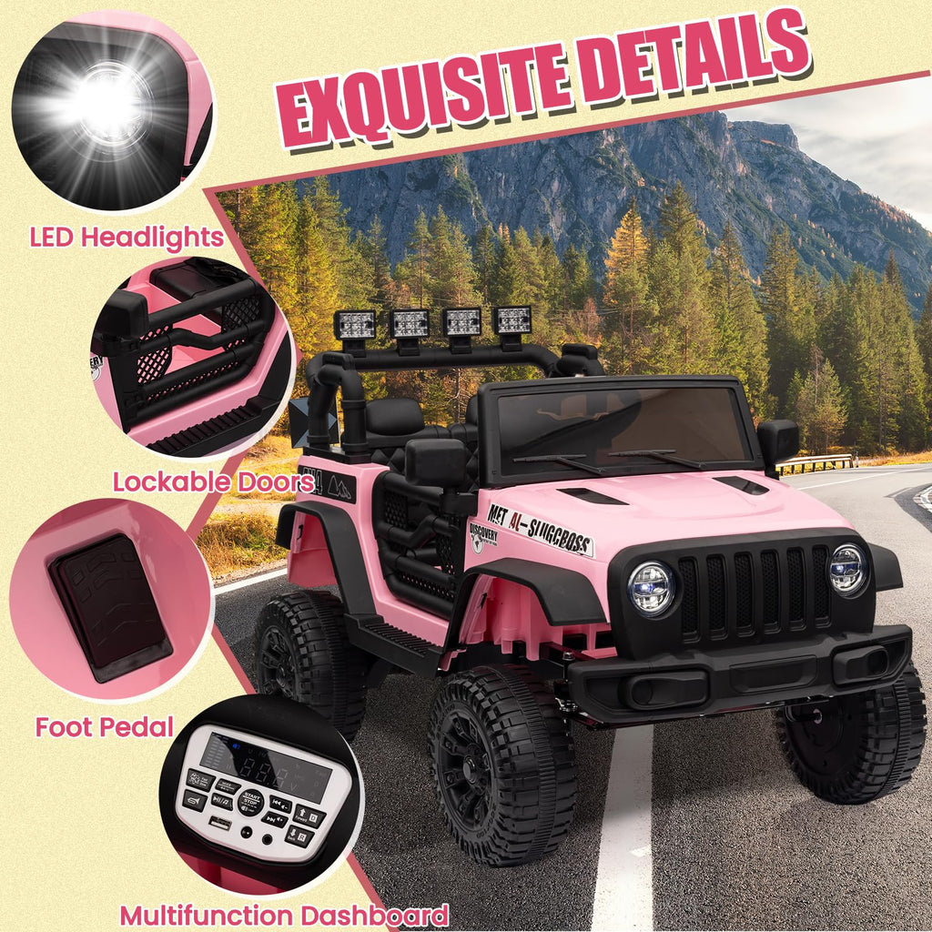 Garvee Ride - P Series: 12V Kids Electric Vehicles with Remote Control, 2 Speeds, Spring Suspension, LED Headlight, Bluetooth, Music, Battery Powered Car for Kids - Pink