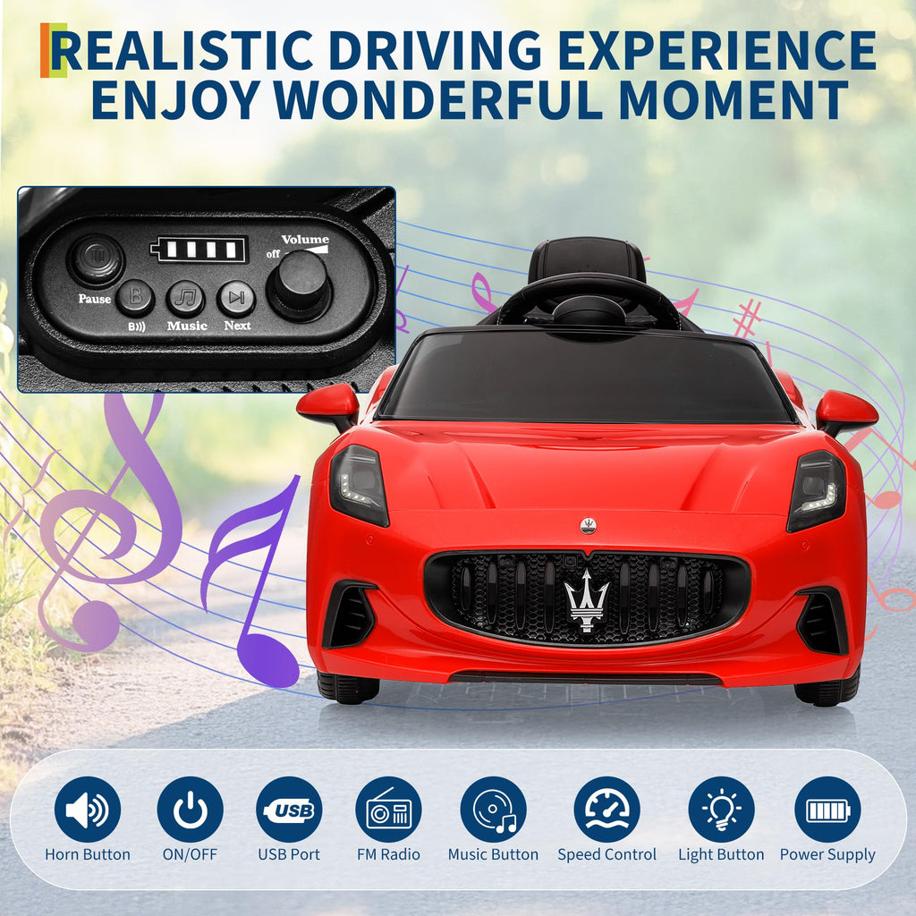 Garvee Ride - P Series: 12V Battery Powered Motorized Car for Kids with Remote Control, Spring Suspension, Double Doors, Bright Lights, 4 Wheel Electric Vehicle, Red