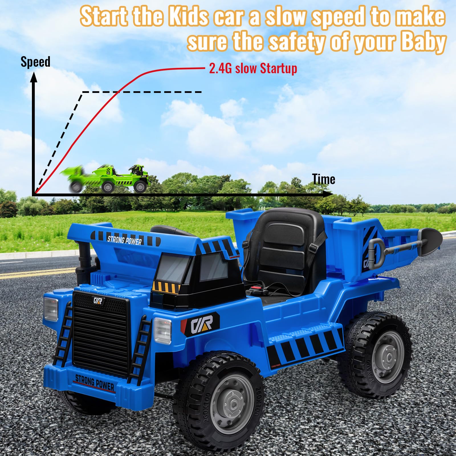 Garvee Ride - P Series: 12V Kids Ride on Dump Truck with Electric Bed, Remote Control, USB, MP3, Music, Battery Indicator, Blue