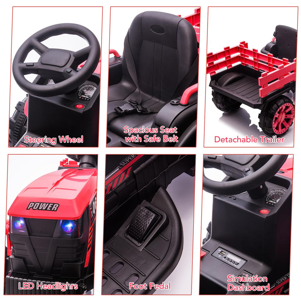Garvee Ride - P Series: 12V Kids Ride On Tractor with Trailer, LED Lights for Boy Girl - Red