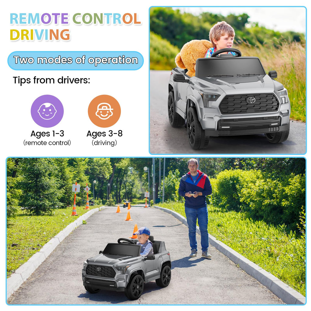 Garvee Ride on Truck Car, 12V Licensed Toyota Electric Cars for Kids, Ride on Toys with Remote Control, Spring Suspension, LED Lights, Bluetooth, 3 Speeds - Grey