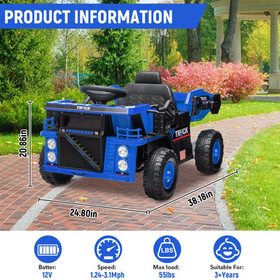 Garvee Ride - P Series: 12V Ride On Construction Vehicle for Kids With Remote Control, Electric Dump Bed,Shovel,Music Player, and Four Wheel Shock Absorption for Kids 3+(Blue)