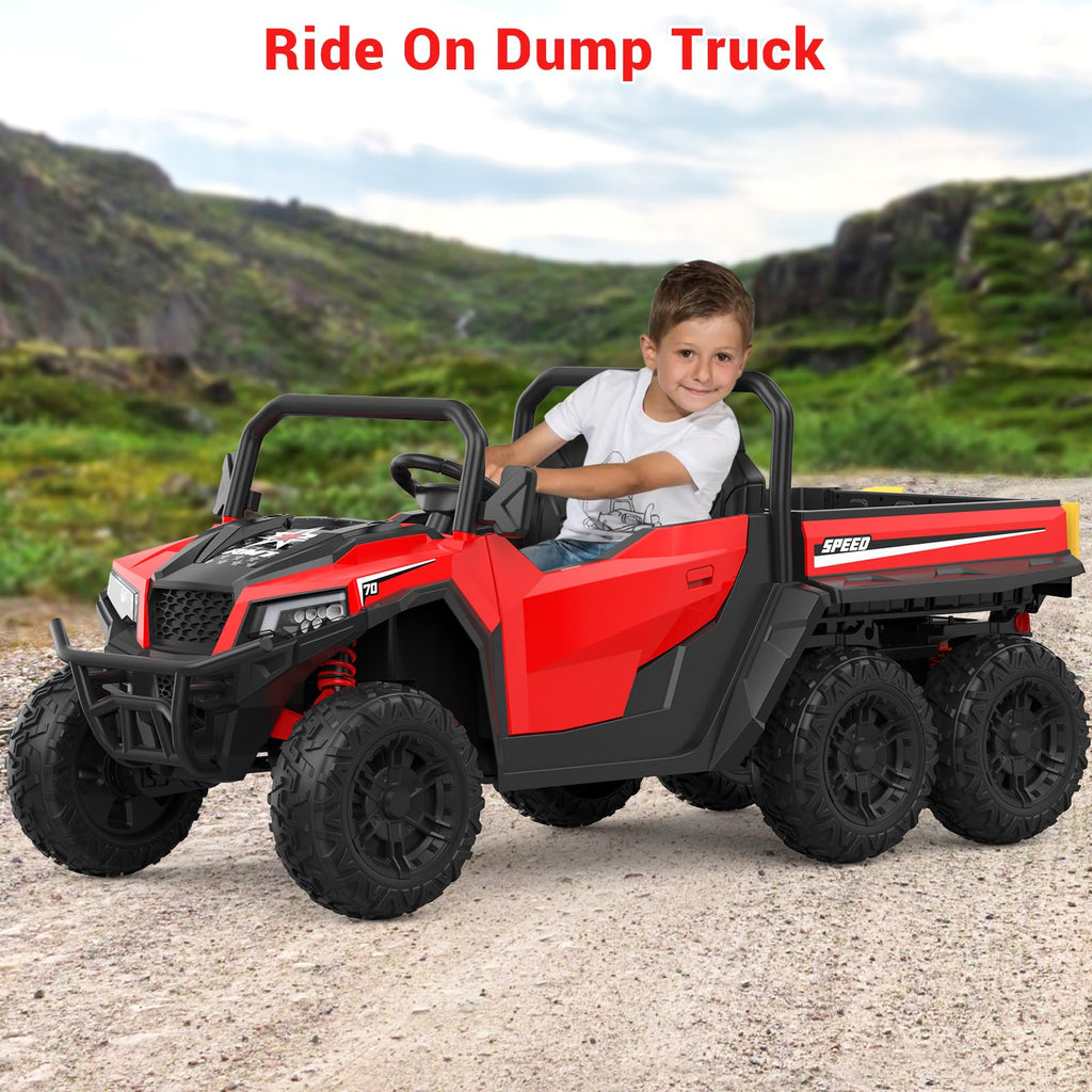 Garvee Ride - P Series: 24V 4WD Electric Ride On Dump Truck with Remote Control, 2-Seater, Music Player, LED Lights, Key Start Safety System, Durable Plastic, Off-Road Kids Toy for Ages 3+ - Red