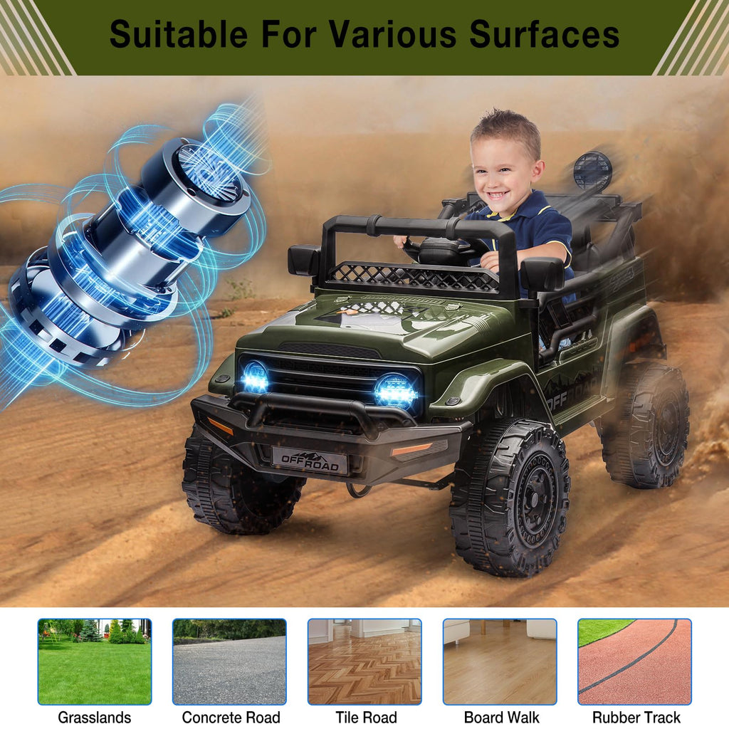 Garvee Ride - P Series: 12V Power Wheel Electric Car for Kids, Ride on Toys with Led Lights Bluetooth, 3 Speeds, Spring Suspension - Dark Green