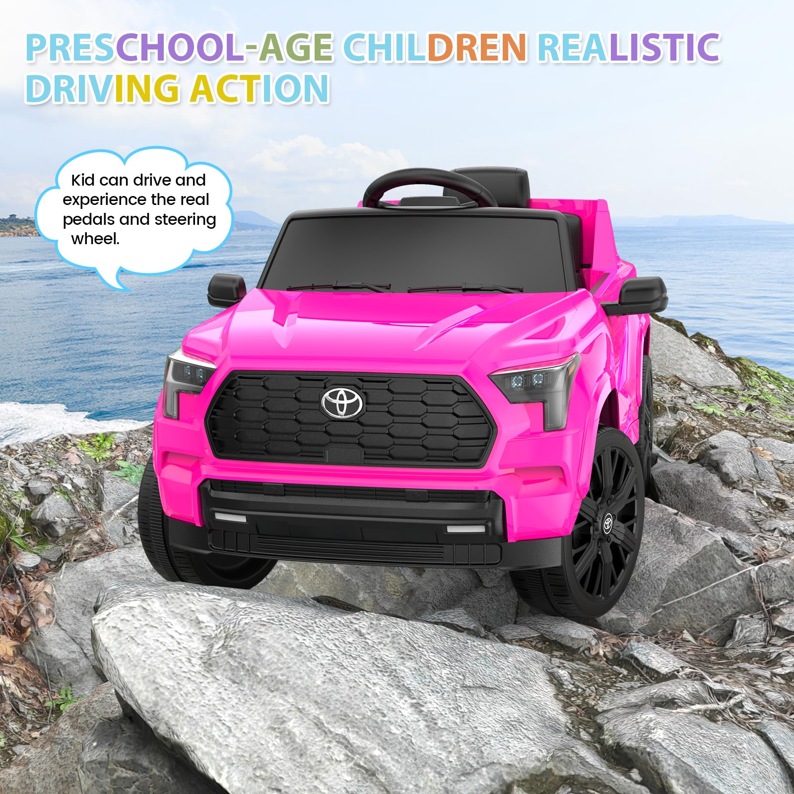 Garvee Ride on Truck Car, 12V Licensed Toyota Electric Cars for Kids, Ride on Toys with Remote Control, Spring Suspension, LED Lights, Bluetooth, 3 Speeds - Rose