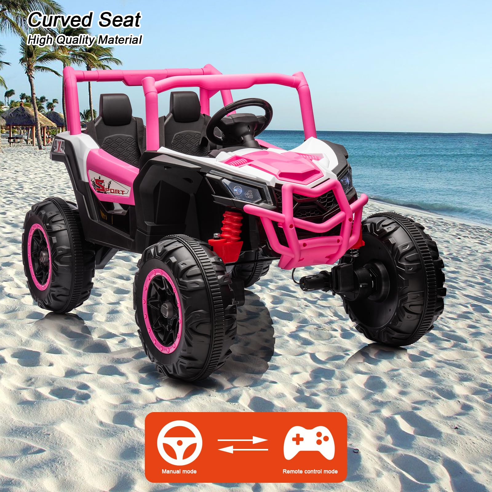 Garvee Ride - P Series: 24V 2-Seater Ride-On UTV: 4WD, Remote Control, Metal Frame, EVA Wheels, LED Lights, Spring Suspension, for Ages 3+ - Pink