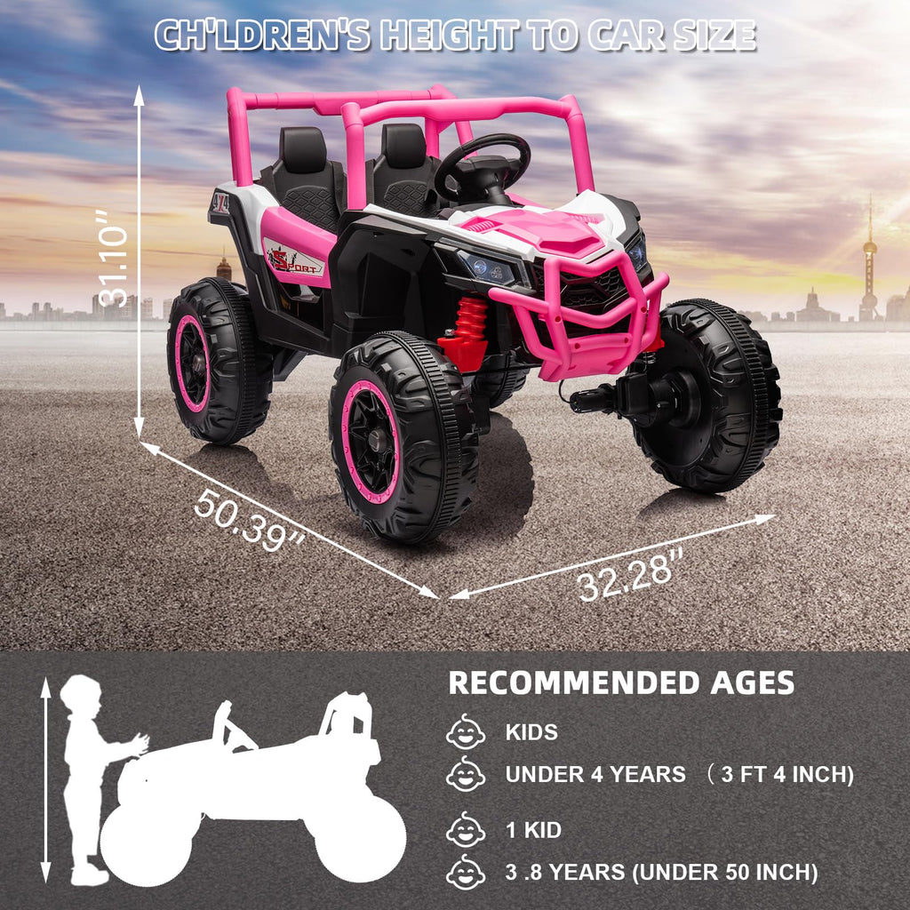 Garvee Ride - P Series: 24V 2-Seater Ride-On UTV: 4WD, Remote Control, Metal Frame, EVA Wheels, LED Lights, Spring Suspension, for Ages 3+ - Pink
