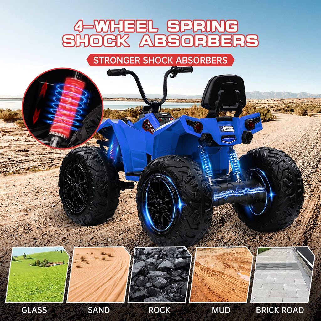 Garvee Ride - P Series: 24V Kids Quad ATV, Ride on Car 4WD Quad Electric Vehicle, 4x80W Powerful Engine, with 7AHx2 Large Battery, Accelerator Handle, EVA Tire, Full Metal Suspension, LED Light, Bluetooth&Music - Blue