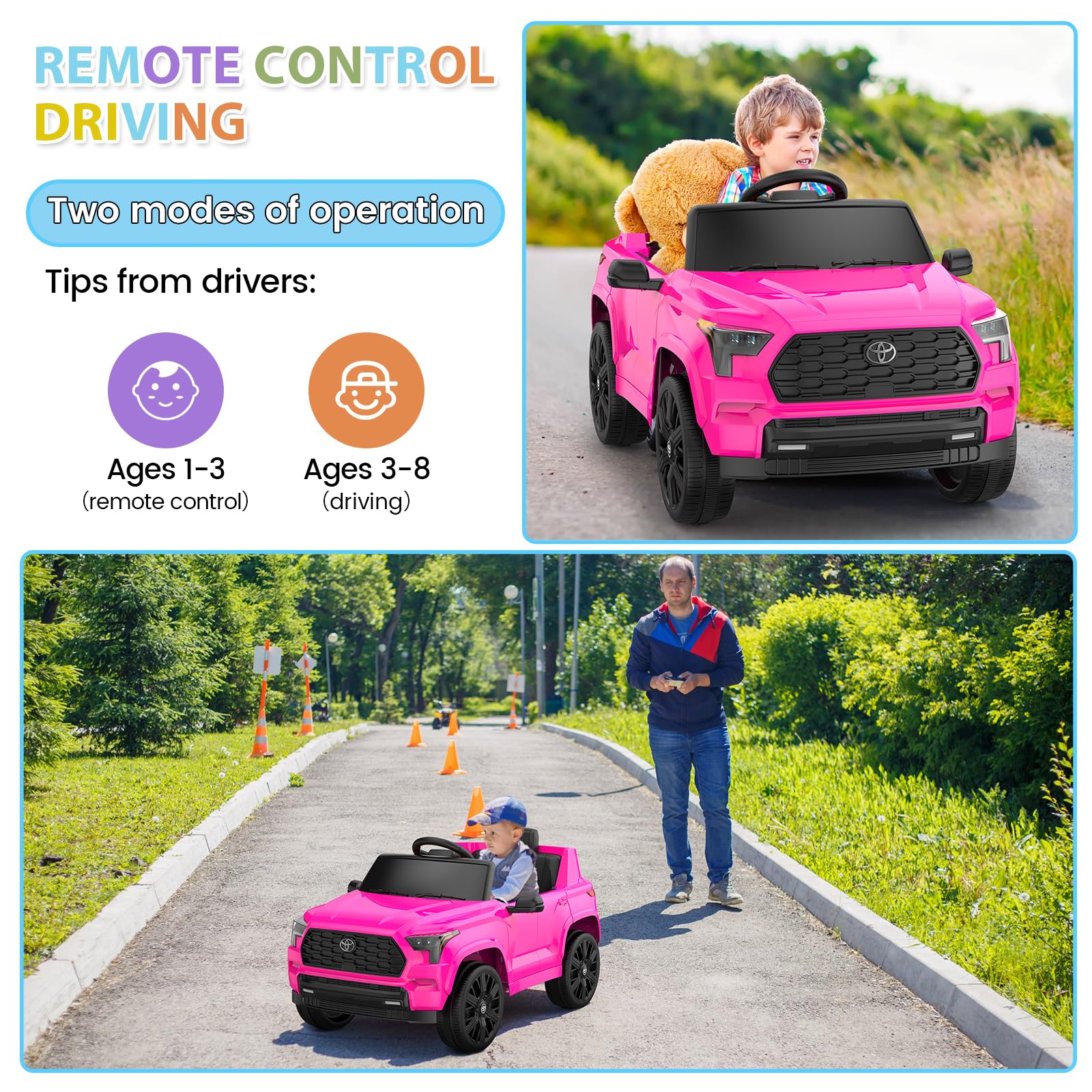 Garvee Ride on Truck Car, 12V Licensed Toyota Electric Cars for Kids, Ride on Toys with Remote Control, Spring Suspension, LED Lights, Bluetooth, 3 Speeds - Rose