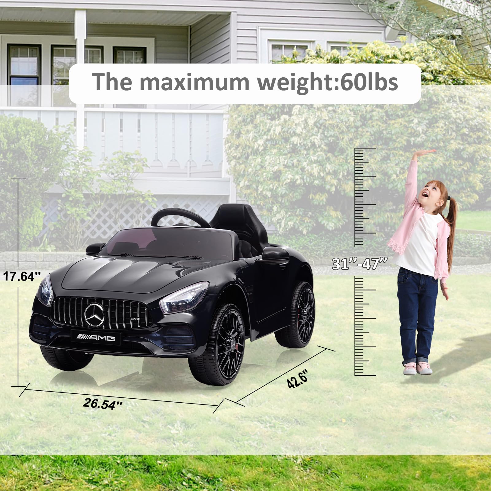 Garvee Ride Car for Kids, 12V Power Battery Electric Vehicles for 3-7 Toddlers, Licensed Mercedes-Benz with Remote Control, MP3 Player - Black