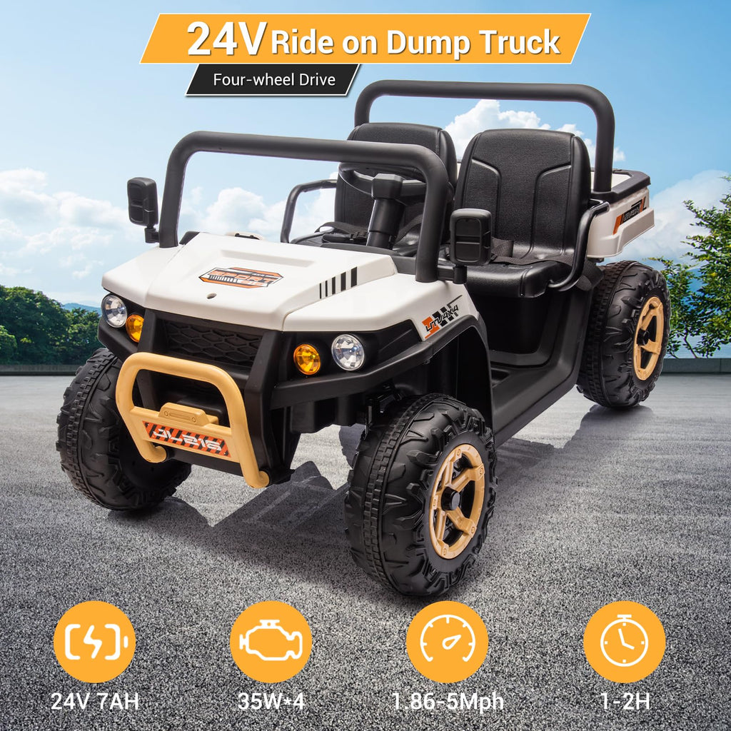 Garvee Ride - P Series: 24v Ride On Dump Truck, 2 Seater Electric Ride On Car Toy for Kids, Battery Powered UTV with 4x35W Motors, Shovel, Bluetooth, Remote Control, Music, LED Lights for Boys & Girls - White