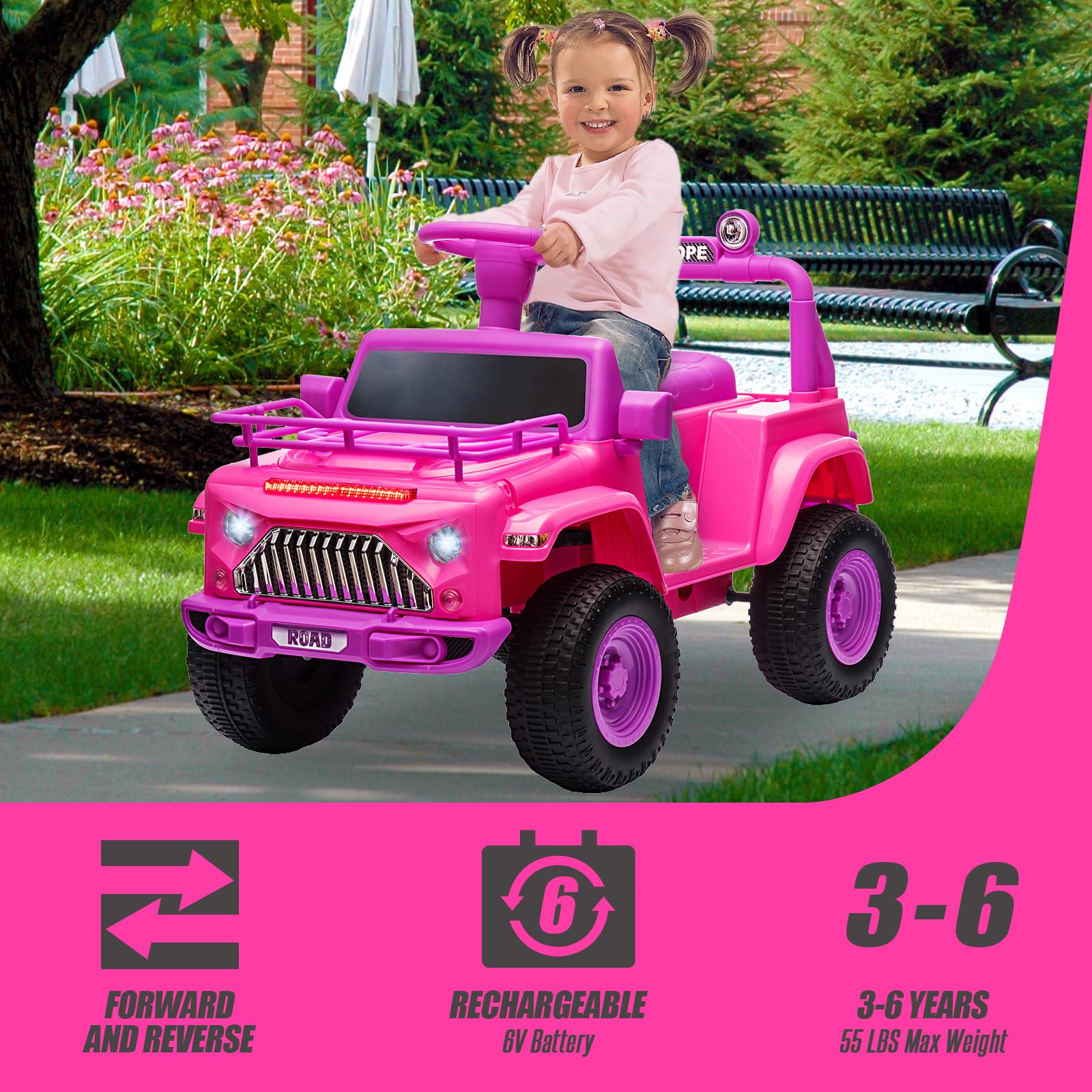 Garvee Ride - P Series: 6V Ride On Car for Toddlers - Battery Powered Electric Car with Music, LED Light, FM, Horn, Rear Storage, 4 Wheels - Pink
