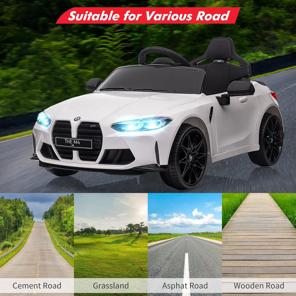 Garvee Ride - P Series: 12V Electric Ride On Car for 37-83 Months, w/RC,Licensed by BMW M4,Power Wheels for Boys Girls, with Suspension System,3 Speeds, Bluetooth, MP3, Double Door, LED Light - White