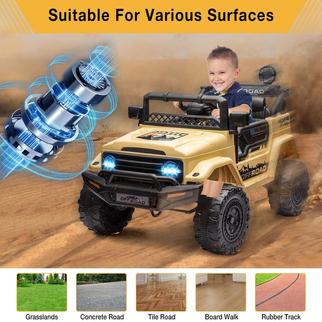 Garvee Ride - P Series: 12V Power Wheel Electric Car for Kids, Ride on Toys with Led Lights Bluetooth, 3 Speeds, Spring Suspension - Yellow