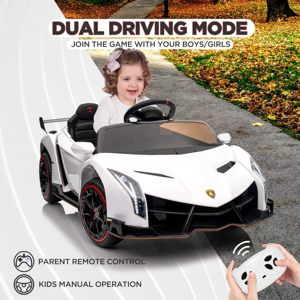 Garvee 12V Kids Ride On Car, Licensed Lamborghini Venono Electric Car w/Parent Remote Control, Scissor Door, 3 Speeds, LED Headlights, Rocking & Music, Battery Powered Ride on Toy for Boys Girls- White