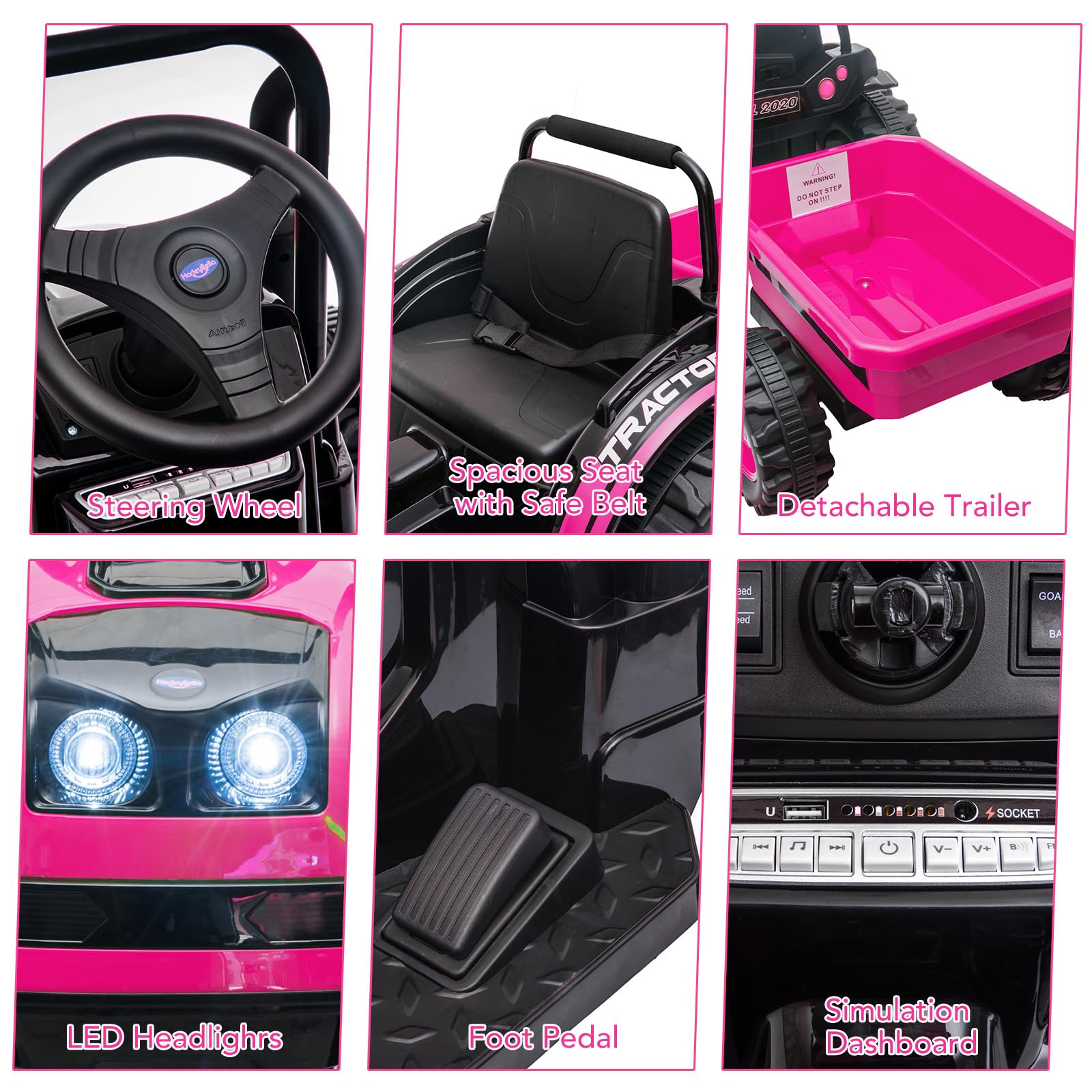 Garvee Ride - P Series: 12V Electric Ride-On Tractor for Kids with Trailer, Remote Control, Music, LED Lights, and Rear Wheel Suspension - Battery Powered Toy Vehicle - Pink
