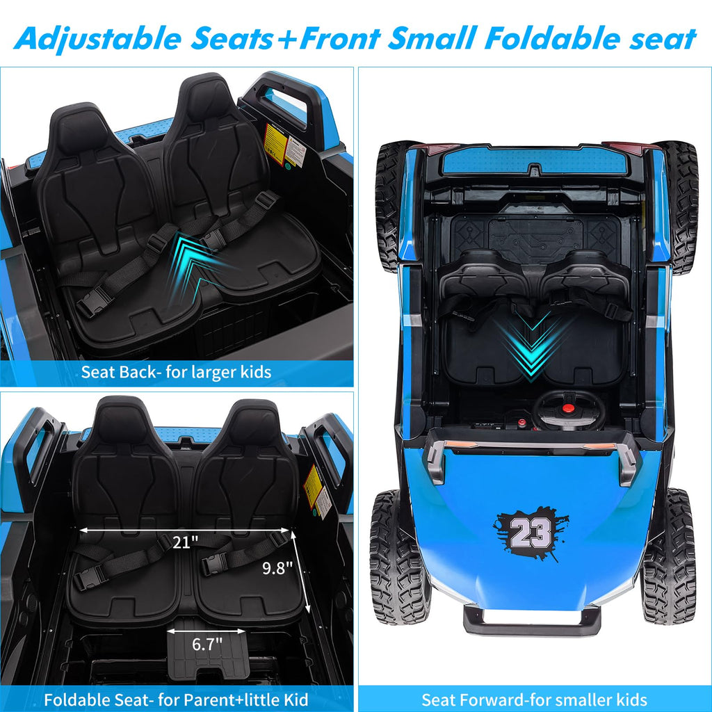 Garvee Ride - P Series: 24V 2-Seater Ride-On UTV: Remote Control, 4WD Motors, 21" Seats + Foldable Seat, 15.4" EVA Wheels, Music, LED Lights, 140lb Max Load - Blue