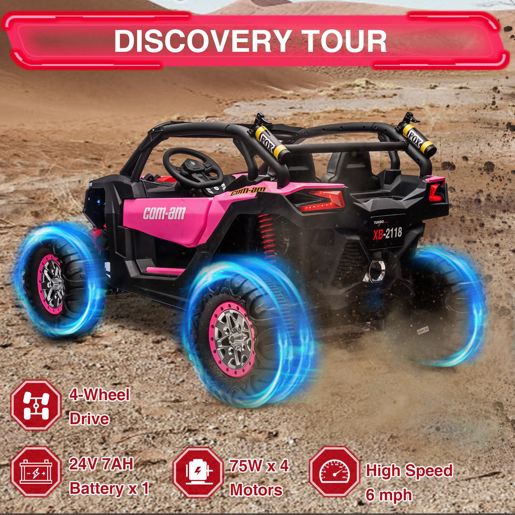 Garvee Ride - P Series: 24V 2 Seater Kids Ride on UTV Car For age 3+, w/Remote Control, 4WD Powerful Electric Vehicle with 4x75W Motors, 4 Shock Absorber, Leather Seat, Music and Light - Pink
