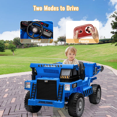 Garvee Ride - P Series: 12V Kids Ride on Dump Truck with Electric Bed, Remote Control, USB, MP3, Music, Battery Indicator, Blue