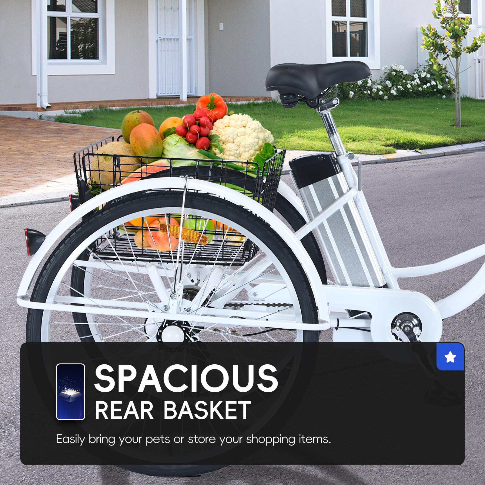 Garvee Adult Tricycle 7-Speed 24-inch 3 Wheel Bike 250W Motor Large Basket HD LED Light 36V Battery Smooth Ride Black