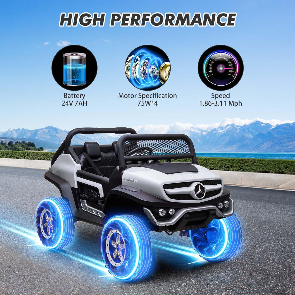 Garvee Ride - P Series: 2 Seater Kids Ride On Truck 24V Ride On Toy Licensed Mercedes Benz Battery Powered Electric Vehicle for Toddles With Remote Control, Battery Display, Trunk, Spring Suspension, LED Lights, Music, White