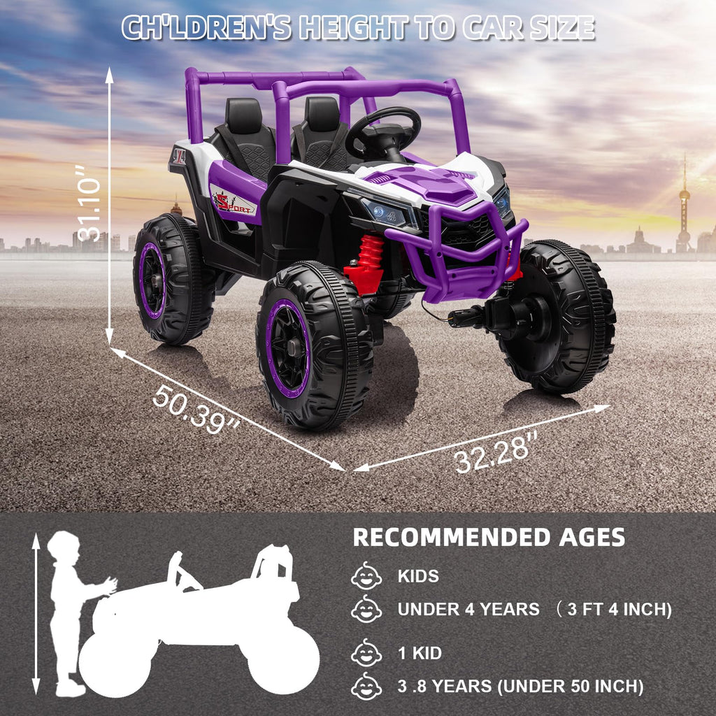 Garvee Ride - P Series: 24V 2-Seater Ride-On UTV: 4WD, Remote Control, Metal Frame, EVA Wheels, LED Lights, Spring Suspension, for Ages 3+ - Purple