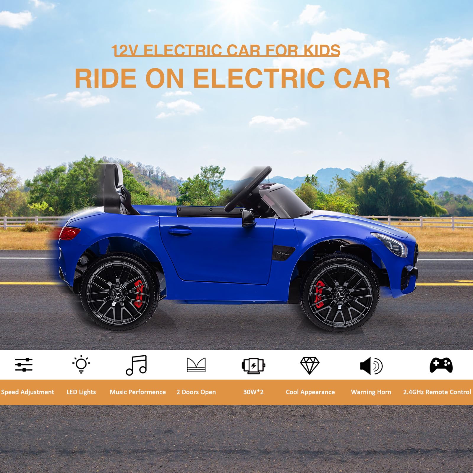 Garvee Ride Car for Kids, 12V Power Battery Electric Vehicles for 3-7 Toddlers, Licensed Mercedes-Benz with Remote Control, MP3 Player - Blue