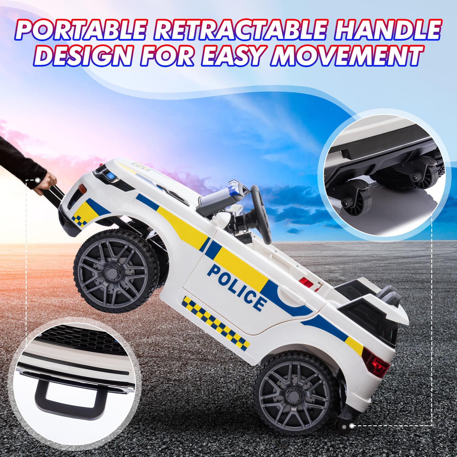Garvee Ride - P Series: 12V Kids Ride On Police Car SUV Battery Operated Ride On Toy Toddlers Electric Cars with 2.4G Remote Control, LED Flashing Light, Megaphone, Spring Suspension, Handle, Music, White