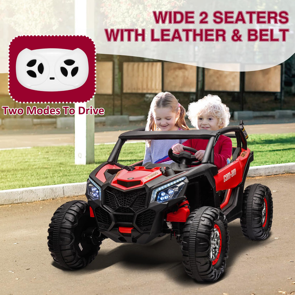 Garvee Ride - P Series: 24V 2 Seater Kids Ride on UTV Car For age 3+, w/Remote Control, 4WD Powerful Electric Vehicle with 4x75W Motors, 4 Shock Absorber, Leather Seat, Music and Light - Red