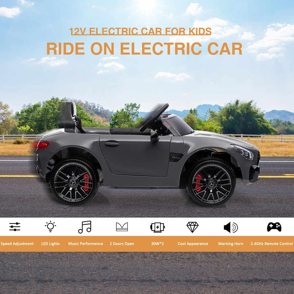 Garvee Ride Car for Kids, 12V Power Battery Electric Vehicles for 3-7 Toddlers, Licensed Mercedes-Benz with Remote Control, MP3 Player - Grey