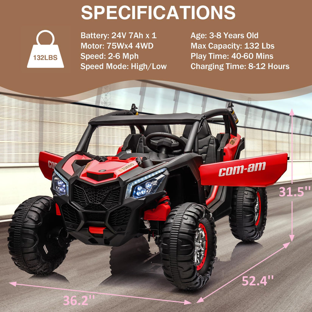 Garvee Ride - P Series: 24V 2 Seater Kids Ride on UTV Car For age 3+, w/Remote Control, 4WD Powerful Electric Vehicle with 4x75W Motors, 4 Shock Absorber, Leather Seat, Music and Light - Red