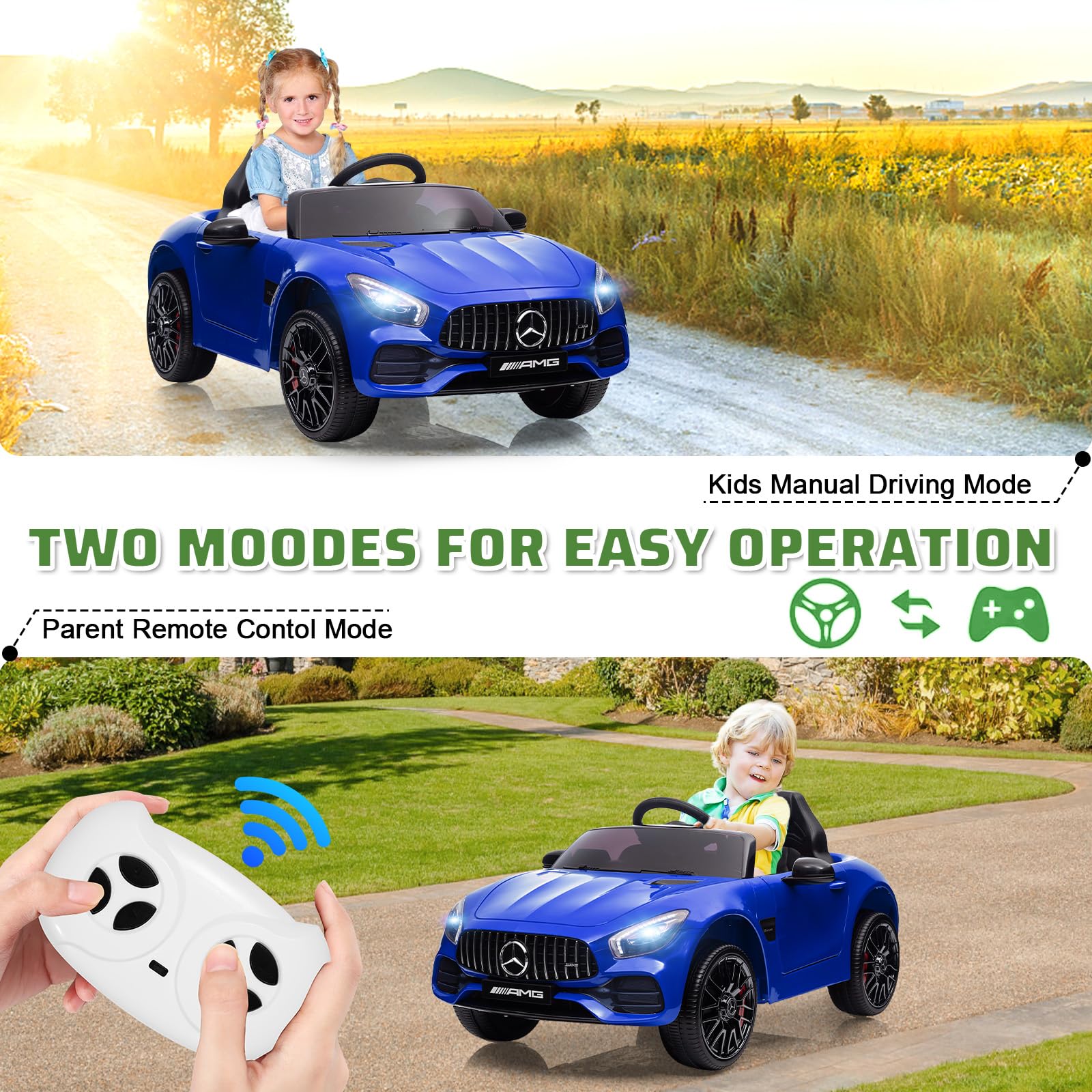 Garvee Ride Car for Kids, 12V Power Battery Electric Vehicles for 3-7 Toddlers, Licensed Mercedes-Benz with Remote Control, MP3 Player - Blue
