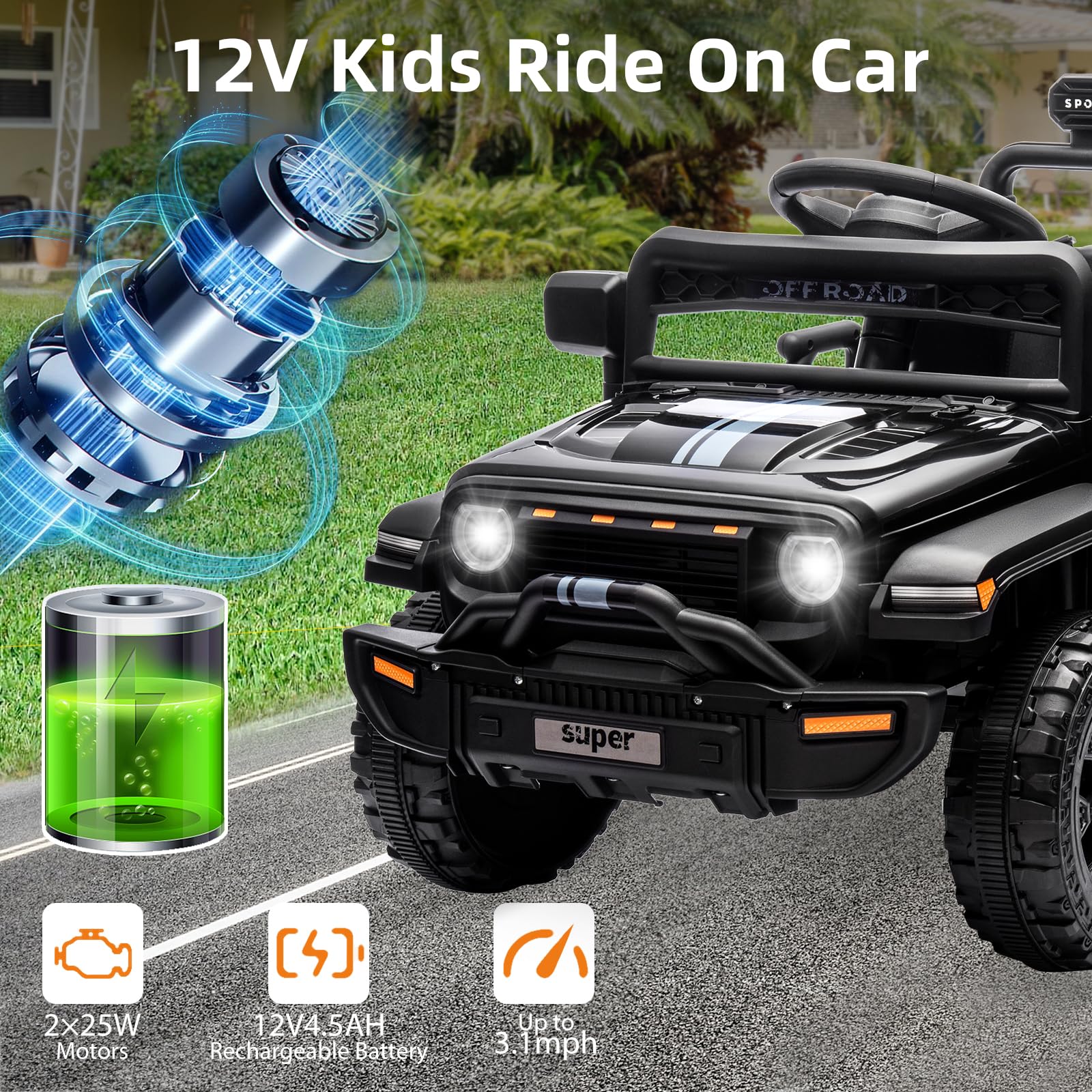 Garvee Ride - P Series: 12V Ride On Toy w/Parent Remote Control, Steering Wheel Music, 4-Wheel Spring Suspension, Led Lights, 2 Speeds, Kids Electric Vehicles for Age 3-5, Black