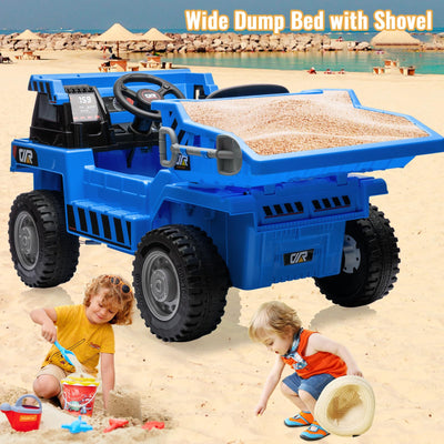 Garvee Ride - P Series: 12V Kids Ride on Dump Truck with Electric Bed, Remote Control, USB, MP3, Music, Battery Indicator, Blue