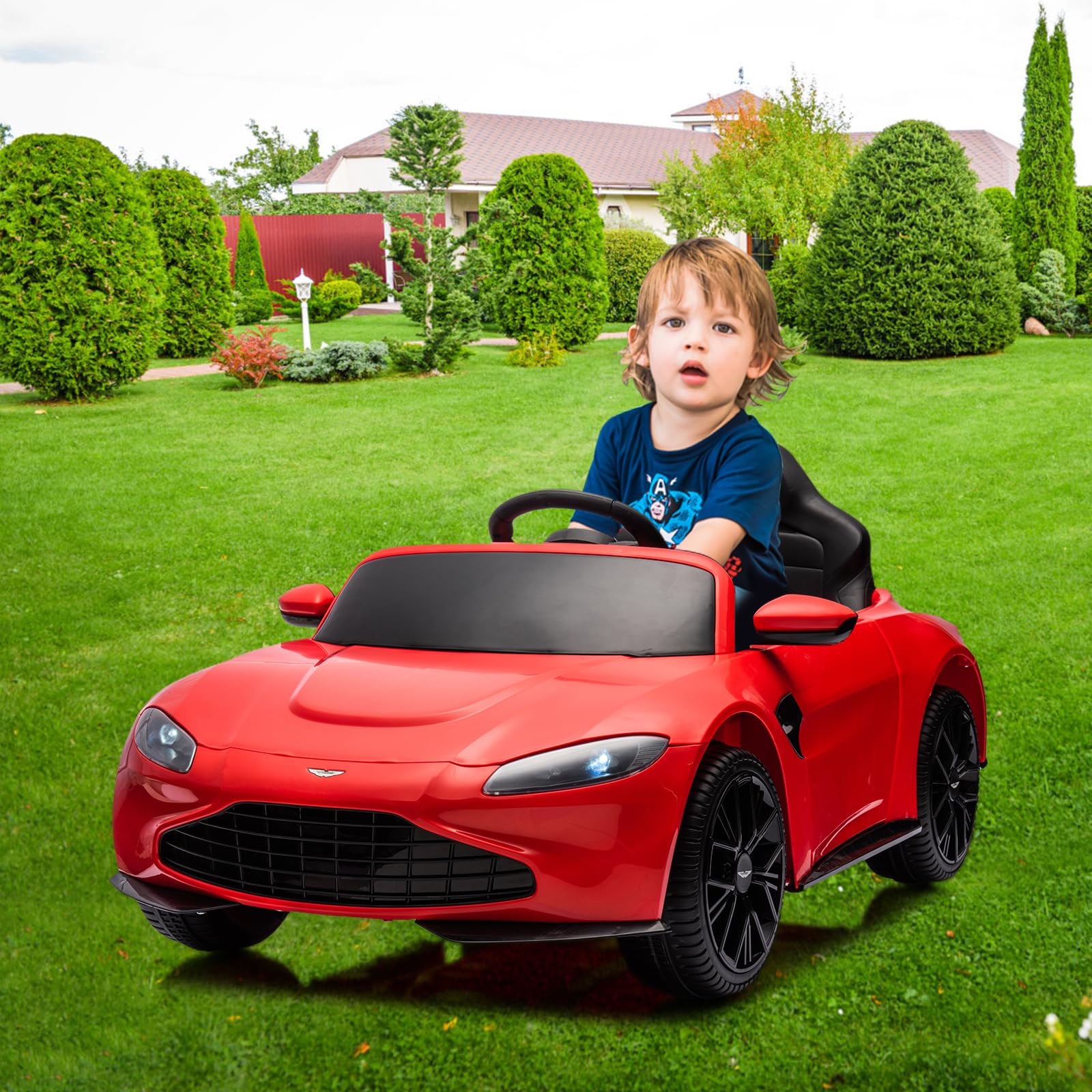 Garvee Ride - P Series: 12V Ride on Sports Car for Kids Licensed Aston Martin Battery Powered Car Toddles Ride on Toy with Remote Control, Horn, Soft Start, LED Lights, Music, USB, Electric Vehicle for Boys Girls (Red)