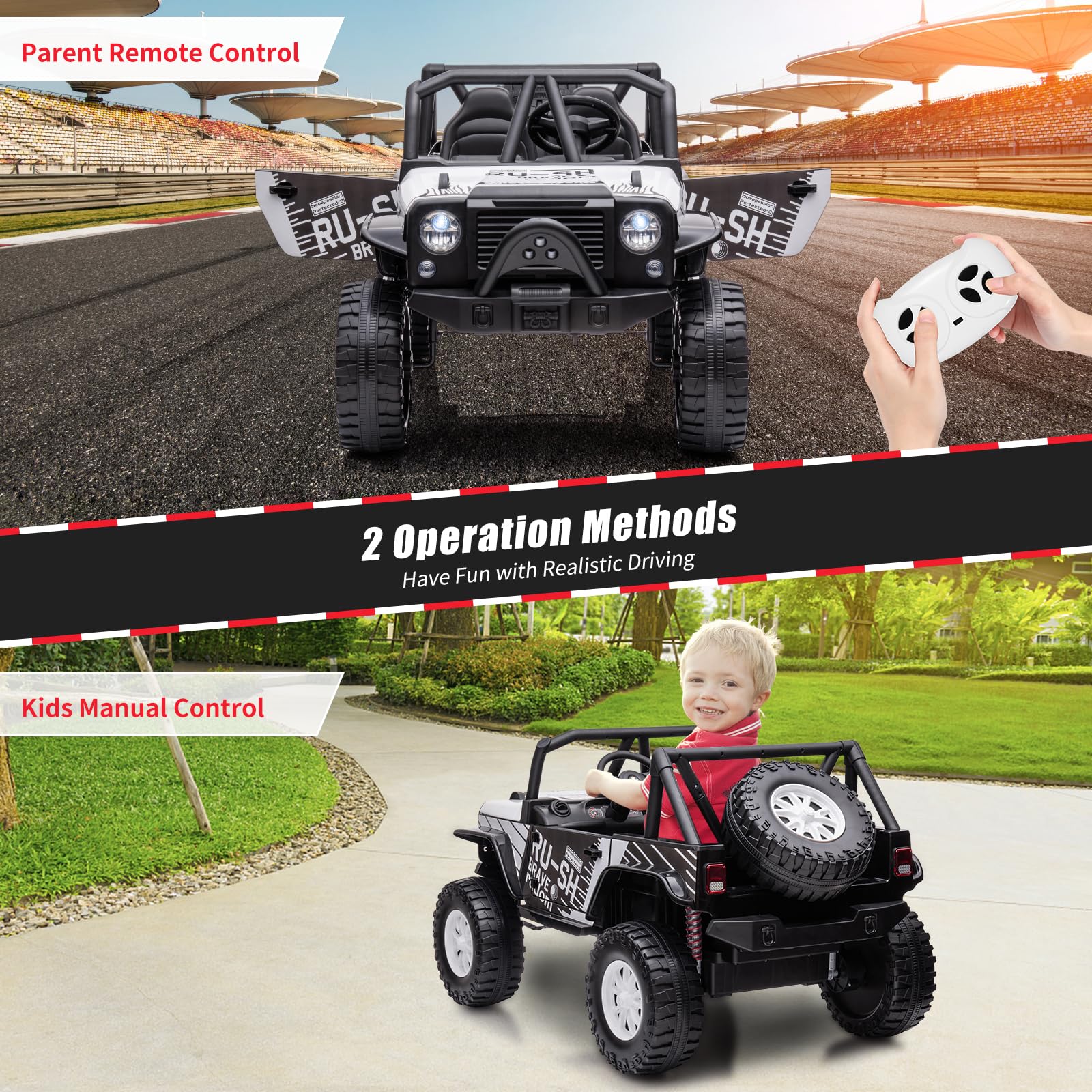 Garvee Ride - P Series: 2-Seater Ride On Truck for Kid, 24V Battery Powered Kids Car with Remote Control, 19" Extra Wide Seat, 2 Motors, Led Light, Enhanced Suspension - White